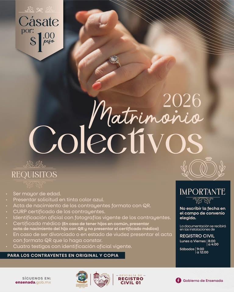 Lanza Gobierno de Ensenada campaña de Matrimonios Colectivos 2026