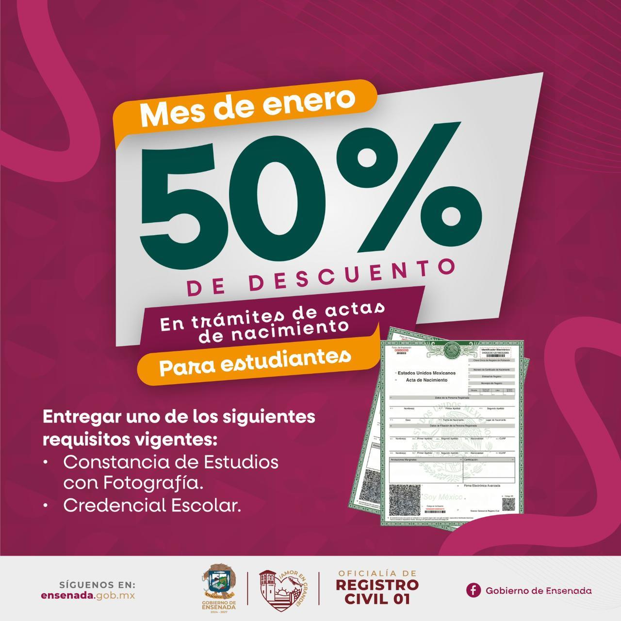 Otorga Gobierno de Ensenada 50% de descuento en actas de nacimiento para estudiantes