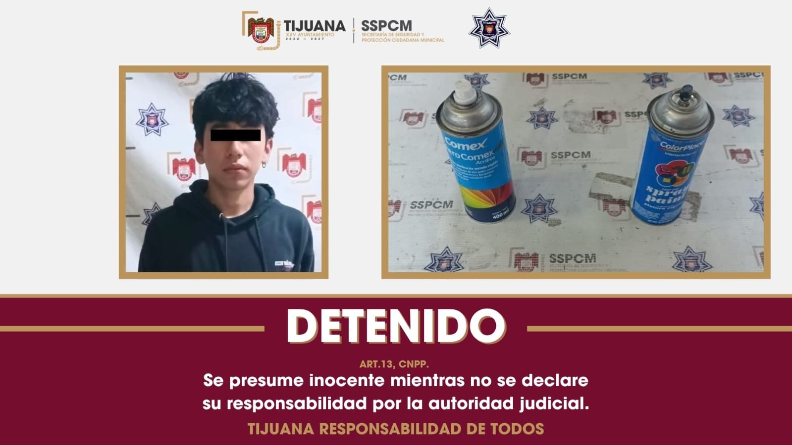 Asegura Policía Municipal de Tijuana a presunto responsable de realizar grafiti en instalaciones del Parque de la Amistad