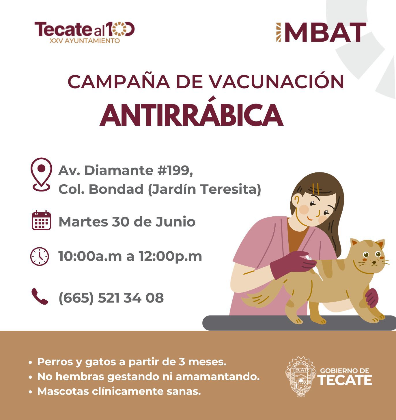 IMBAT invita a participar en campaña de vacunación antirrábica gratuita para perros y gatos