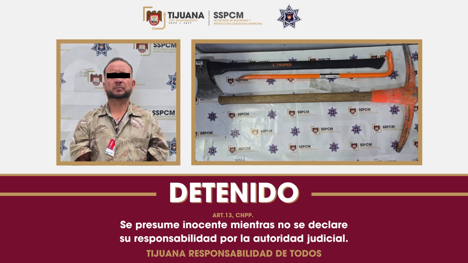 Asegura Policía Municipal a un hombre por daños a comercio en Zona Centro