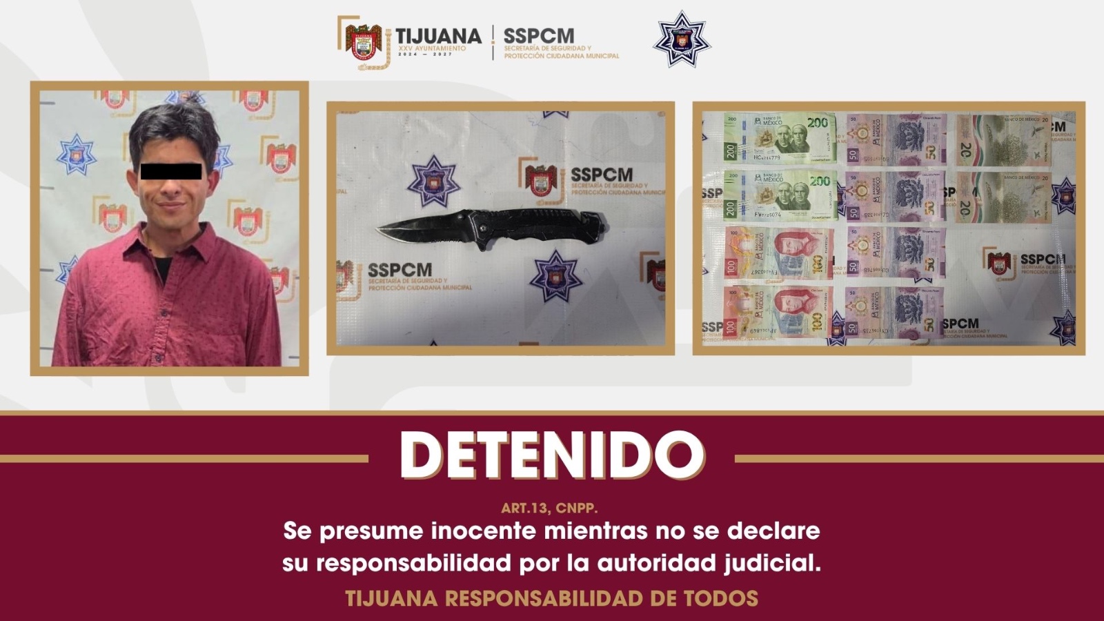 Asegura SSPCM a un sujeto por su presunta participación en robo con violencia a comercio