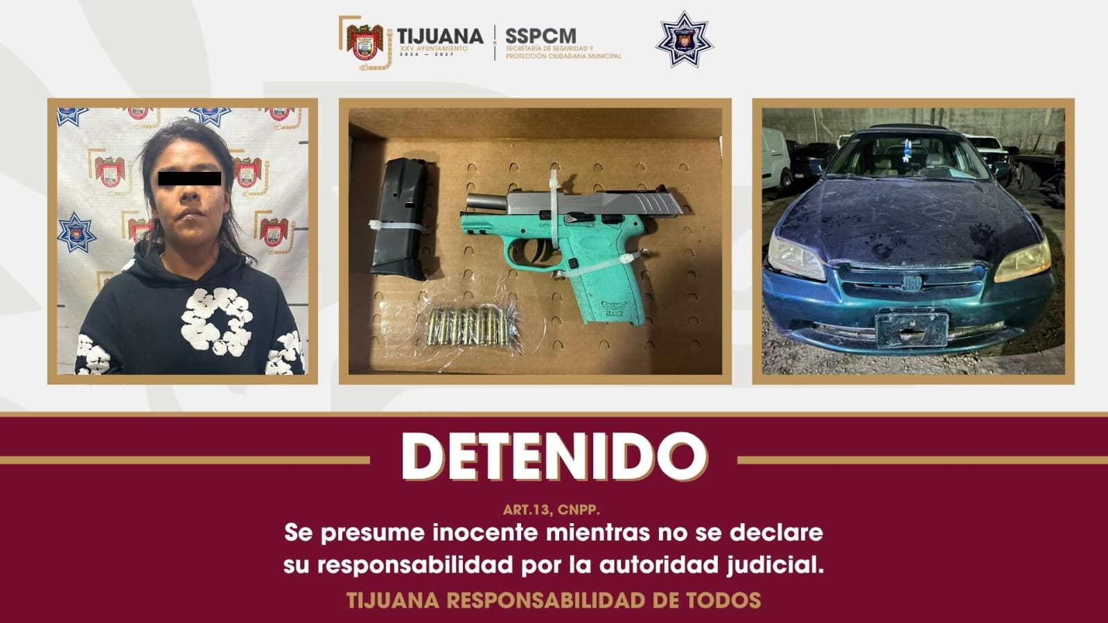 Asegura Policía Municipal a mujer en posesión de un arma de fuego durante intervención vehicular