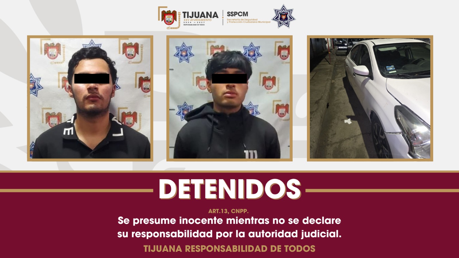 Arresta Policía Municipal a dos presuntos responsables del robo con violencia de un vehículo