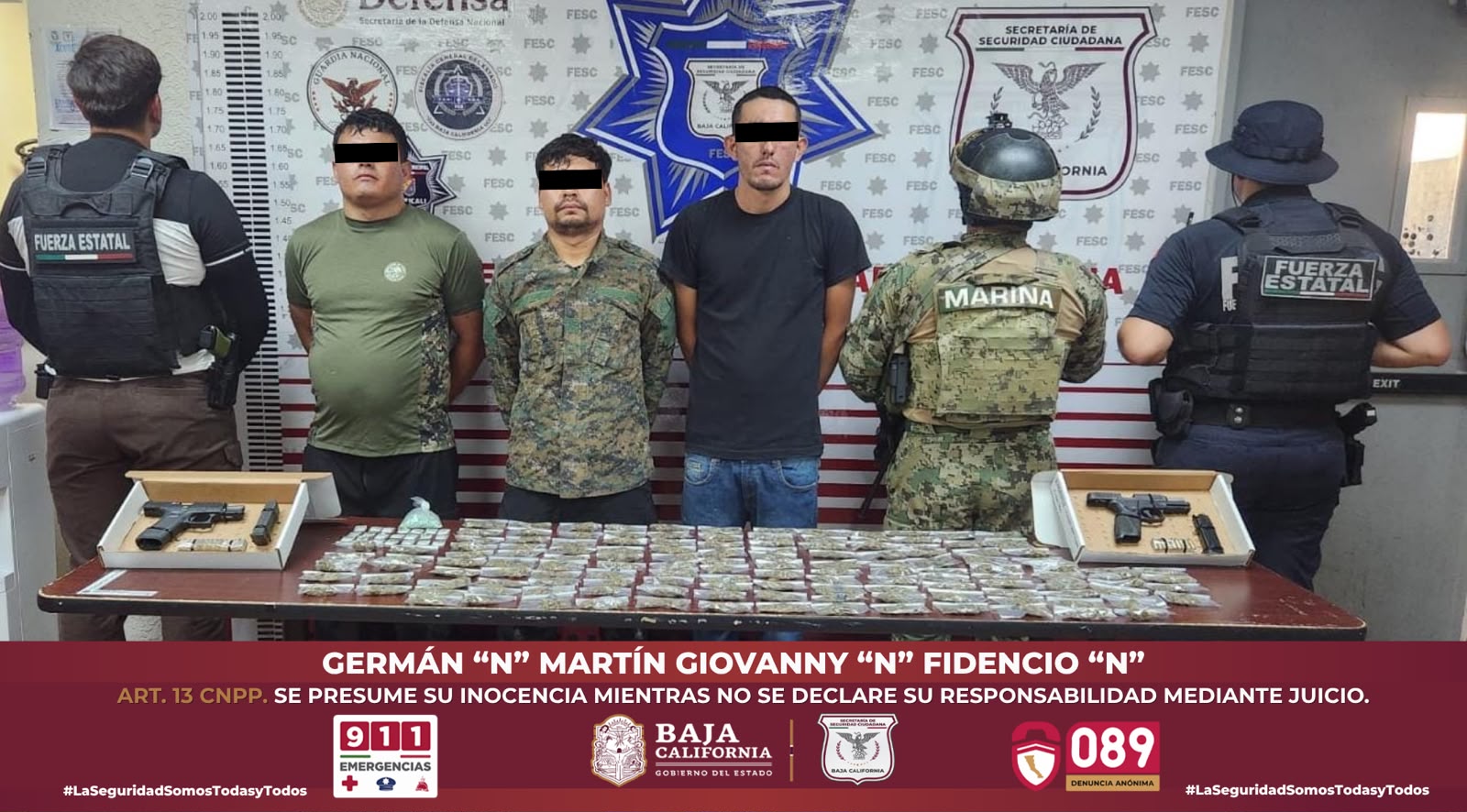 Detienen autoridades de seguridad a tres individuos; aseguran armas y droga