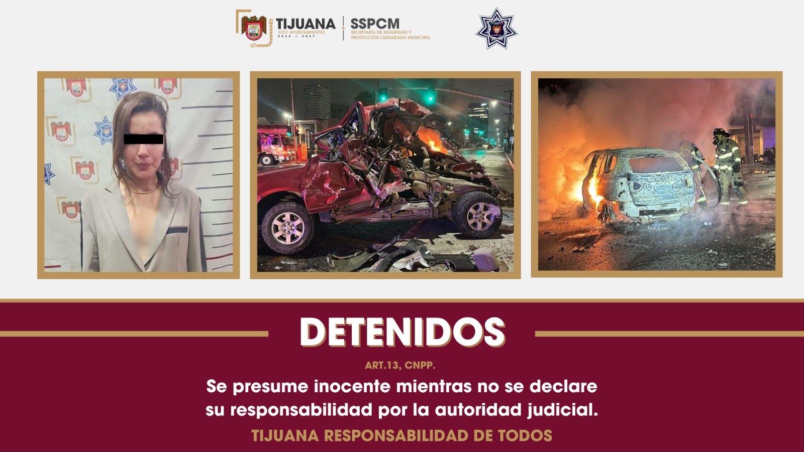 Detienen agentes municipales a conductora por manejar en estado de ebriedad tras chocar contra un vehículo estacionado e incendiarse su unidad