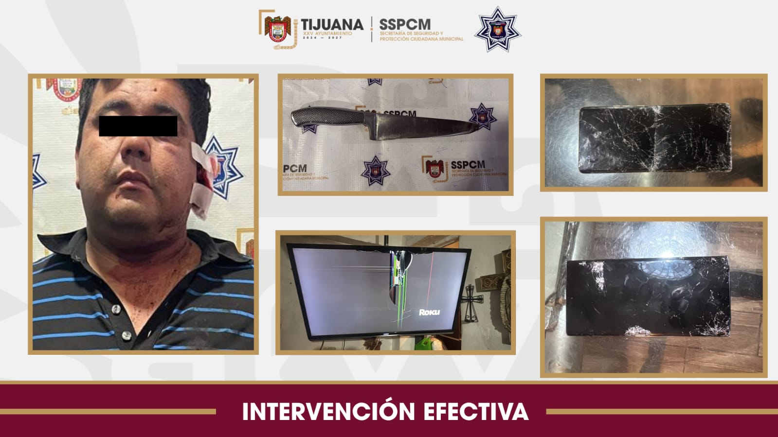 Aseguran agentes municipales a hombre tras presunto ataque con arma punzocortante